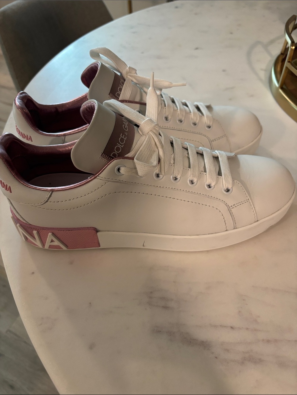 Dolce & Gabbana White Leather Sneakers with Pink Heel Panel